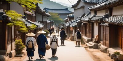 traditional Korean village with travelers exploring