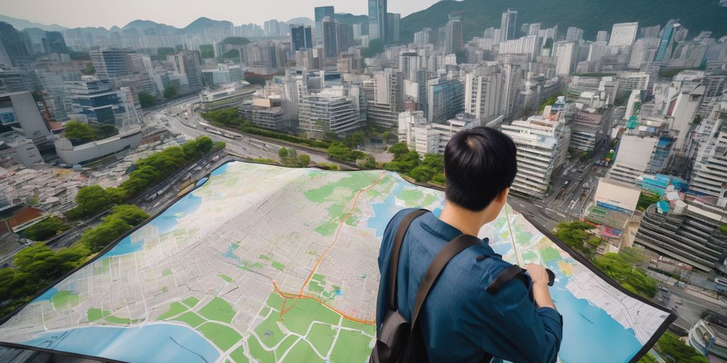 young professional looking at a map in Seoul cityscape