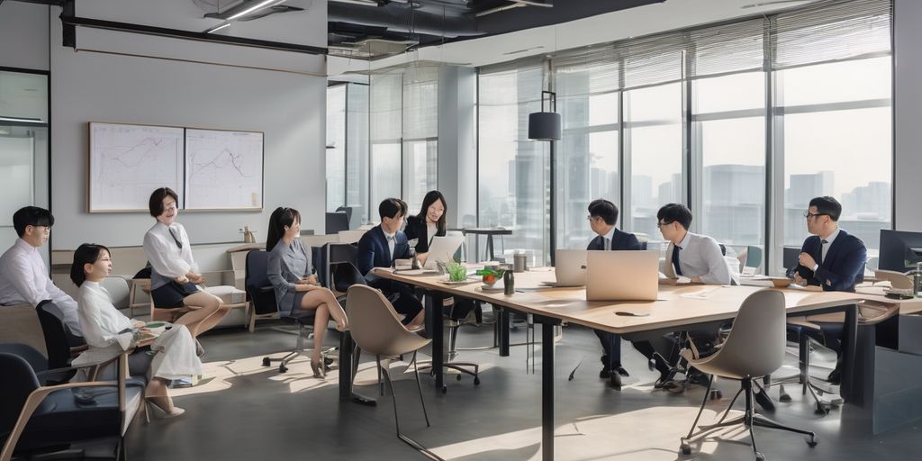 young Korean professionals in a modern office setting discussing strategies