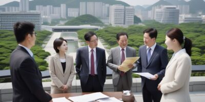 business people discussing documents with Korean landmarks in background