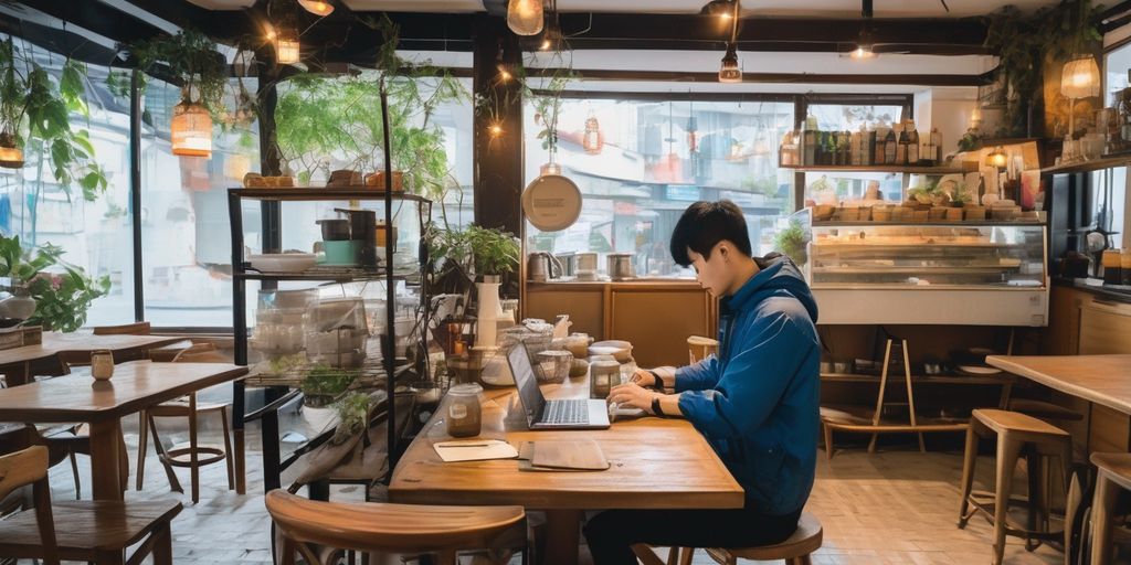 freelancer working in a Korean cafe